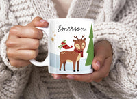 Christmas Kids mug with Forest Scene Deer, Bird and Fox
